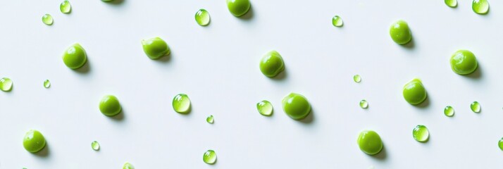 Aufkleber - Bright green peas are scattered alongside drops of green juice on a white surface, showcasing a fresh and healthy food arrangement. Generative AI