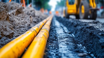 Utility pipes being installed during road construction.