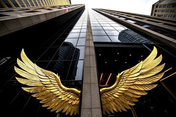 Poster - Stunning Architectural Photography of Golden Wings with Black Background, Showcasing Modern Design Elements in a Captivating and Elegant Composition for Visual Impact