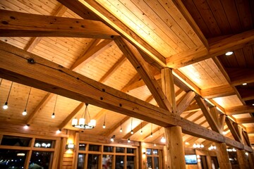 Poster - Stunning Low Light Photography of Modern Cross Laminated Timber Beams in a Stylish Wood House Ceiling Showcase, Creating a Warm and Inviting Atmosphere