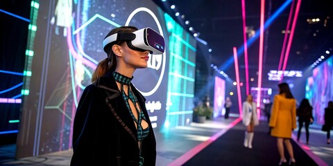 Poster - Stylish Woman Immersed in Cyberspace with Virtual Reality Headset, Capturing the Future of Fashion in a Digital Landscape