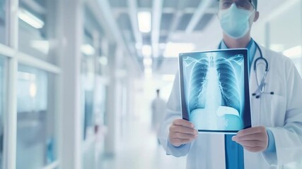 Aufkleber - Medical professional wearing protective face mask holding a digital tablet displaying a chest x ray, examining results in a modern hospital corridor