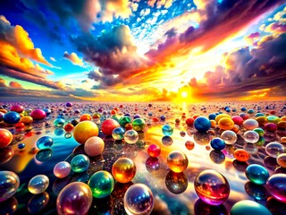 Poster - Surreal Composition of Multi-Glass Beads in a Dreamlike Landscape with Reflections and Vivid Colors, Creating an Enigmatic and Captivating Visual Experience