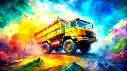 Poster - Surreal Yellow Dump Truck Floating on a Dreamy Watercolor Background, Capturing the Essence of Imagination and Playfulness in a Whimsical Landscape