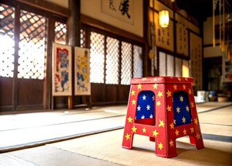 Poster - Traditional Sumi-e Painting Inspiration: A Red, Blue, and Yellow Star-Patterned Plastic Folding Step Stool in a Japanese Setting, Capturing Cultural Essence and Artistic Harmony