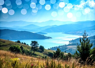 Poster - Tranquil Landscape Photography Featuring a Blue Background Enhanced with Soft Bokeh Circles for a Dreamy Atmosphere and Serene Visual Experience