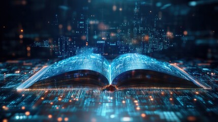 Poster - an open book with pages turning into digital data streams, representing the integration of technolog