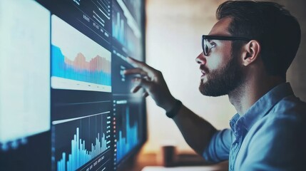 Poster - Business analysts discussing data on an interactive screen in a modern office setting, focused and engaged in analysis