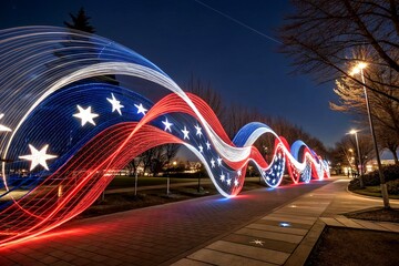 Poster - Vibrant Abstract Waves of Red, White, and Blue with Stars Symbolizing Unity and Patriotism in a Colorful Swirl of Energy Captured in Long Exposure Photography