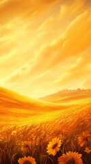 Poster - Golden fields stretch under a vibrant sunset sky, creating a warm and serene landscape, AI