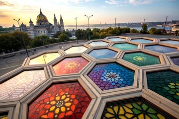 Poster - Vibrant Hexagonal Patterns in Double Exposure Style Showcasing Colorful Geometric Design for Modern Art Enthusiasts and Interior Decor Inspiration