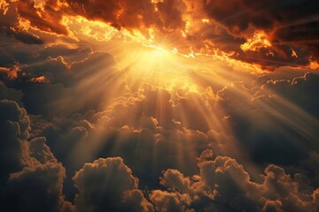 Wall Mural - Sun rays through dark clouds at sunset symbolize hope and grace.