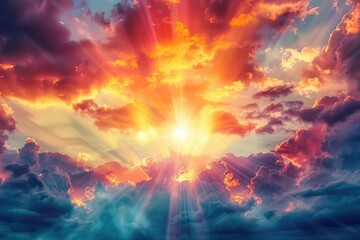 Wall Mural - sun rays through dark clouds at sunset symbolize hope and grace.