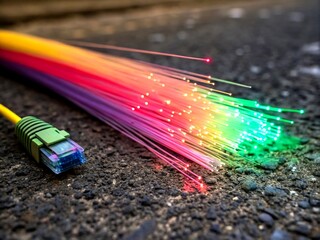 Poster - Vibrant Neon Fiber Optic Lines Creating an Abstract Texture Background with Left Positioning for Dynamic Copy Space and Modern Aesthetic Appeal