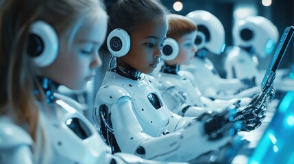 Aufkleber - Group of multiethnic schoolkids interacting using gadgets for programming for robotics engineering class. Elementary school science classroom of futuristic technologies. STEM education concept.
