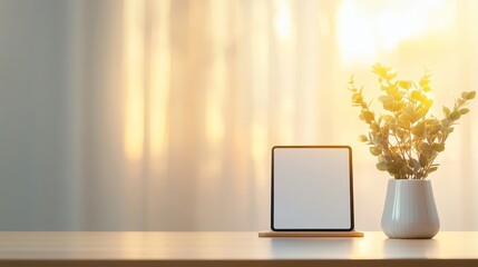 Wall Mural - A white tablet sits on a wooden table next to a vase of flowers