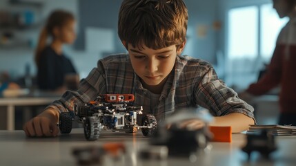 Aufkleber - Happy school boy student making robotic car sitting at table at STEM class. Diverse children learning programming using computers and constructing robots at science and coding education tech lesson.