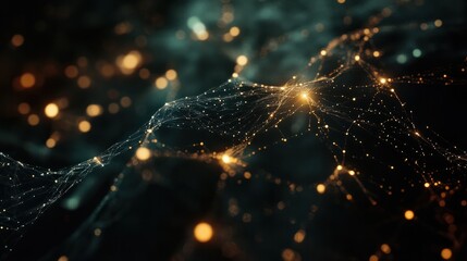 Poster - Intricate lines and dots creating a glowing abstract network on a dark background, symbolizing connectivity and advanced digital technology