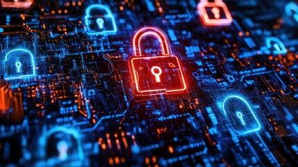 Poster - Digital representation of cybersecurity with glowing padlocks on a circuit board background.