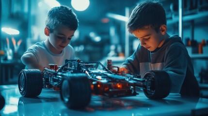 Aufkleber - School kids boys helping building robotic car learning together at STEM class. Happy students children study together making robots in classroom at science and coding education lesson, close up view.