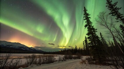 mysterious aurora borealis lights dance across a swirling abstract gold background, glow, ethereal, 