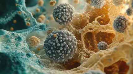 Poster - Exploring a microscopic world where various cells and structures interact, showcasing complexity and beauty of life at a tiny scale. Generative AI
