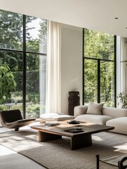 Leinwandbilder - The modern living room features large windows, light curtains, and stylish furniture, creating a warm and inviting atmosphere with garden views. Generative AI