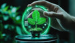 © N0X - Eco-friendly e-commerce concept. A hand holds a glowing sphere containing a digital plant, symbolizing the fusion of technology and nature in a futuristic setting.