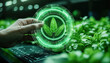 © N0X - Eco-friendly e-commerce concept. A hand interacts with a digital hologram of a leaf, symbolizing technology and sustainability in a lush, green agricultural setting.