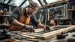 © altitudevisual - A craftsman in safety goggles and an apron carefully assembles a wooden frame in a workshop. Tools and equipment are visible in the background, indicating a woodworking environment.