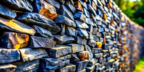 Poster - Wall Constructed from Irregular Black Stones with Copy Space for Text on the Left, Showcasing Unique Textures and Patterns for Architectural or Nature-Themed Designs