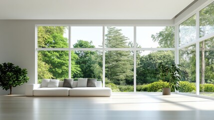 Poster - This bright, open living room features large windows that showcase a lush green view, creating a relaxing and inviting atmosphere. Generative AI