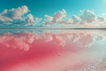 Sticker - A tranquil view of the pink salt lake reflecting clouds during a sunny day in a serene landscape