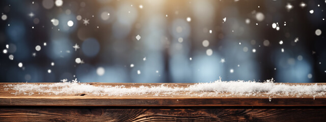 Canvas Print - Empty old wooden table with winter background. Winter or Christmas scene with mockup table on background of winter