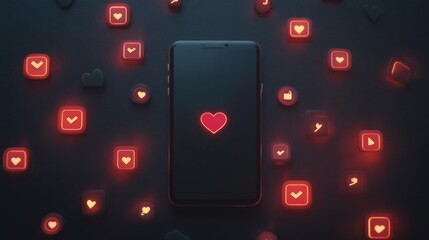 Aufkleber - A smartphone is surrounded by glowing red icons representing notifications, likes, and comments in a dimly lit environment. Generative AI
