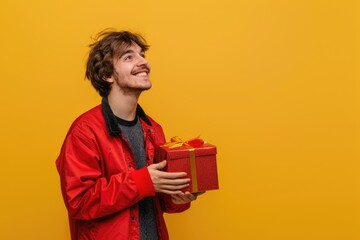 Young man smiling with gift box at party.