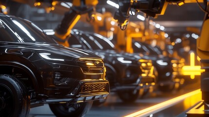 Poster - Robotic arms assembling black suv on production line in car factory