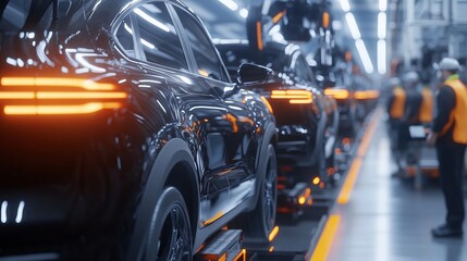 Poster - Robotic arms assembling new cars on production line in modern factory