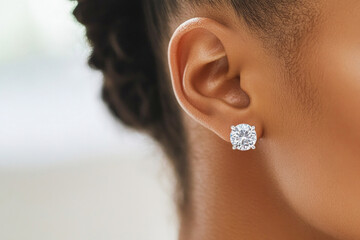 Woman wearing luxurious diamond earrings, elegance and luxury combined