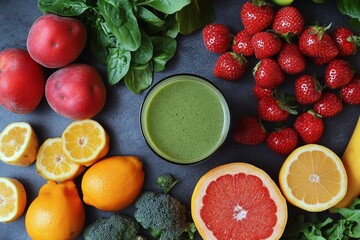 Wall Mural - Vibrant green smoothies surrounded by fresh fruits and leafy greens on a textured surface