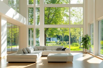 Aufkleber - The spacious living room features a cozy sectional sofa, large windows allowing natural light, and a view of a lush green garden outside. Generative AI