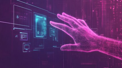 Aufkleber - A hand icon extends towards a modern computer interface filled with security and settings symbols in a digital environment. Generative AI