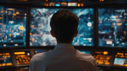 Poster - a person observing multiple screens filled with data and graphics in a control room.