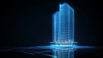 Aufkleber - A blue hologram of modern highrise building on dark background with glowing lines and white buildings construction engineering concept, real estate business or digital