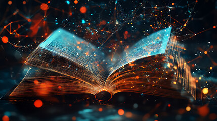 Poster - A book opens in a digital realm, its low poly wireframe illuminating the path to online education and knowledge