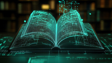 Poster - A book opens in a digital realm, its low poly wireframe illuminating the path to online education and knowledge