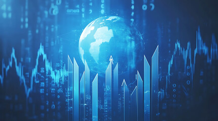 Poster - A digital background featuring blue graphs and arrows, representing stock market data with the globe in front