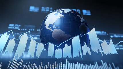 Poster - A digital background featuring blue graphs and arrows, representing stock market data with the globe in front