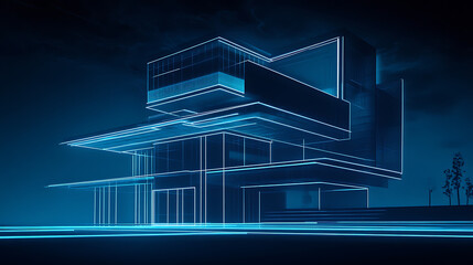 Fototapete - A blueprint of an office building with digital lines and blue hues representing the future of architecture