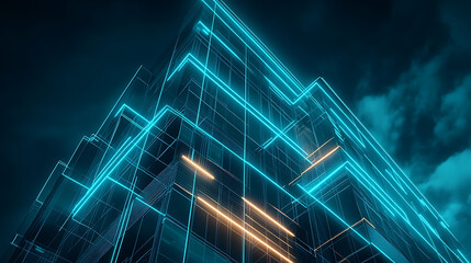 Aufkleber - A blueprint of an office building with digital lines and blue hues representing the future of architecture